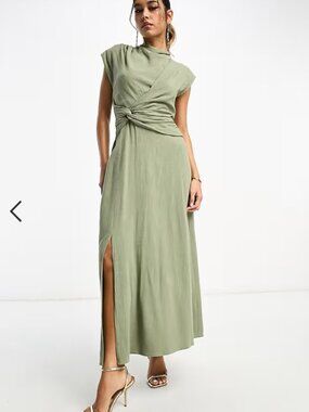 ASOS DESIGNS Linen High Neck Twist Front Midi Dress Olive Green Size 8